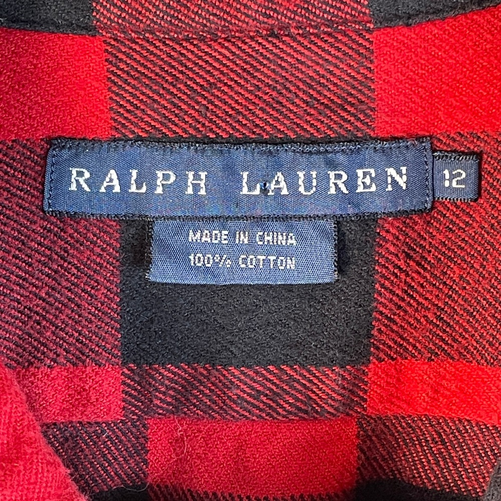 Ralph Lauren Ruffle Flannel Shirt Womens 12 Red Black Buffalo Plaid Very Good - Picture 2 of 7